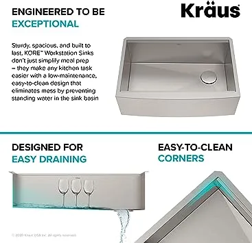 Kraus KWF410-36 Kore Workstation 36-Inch Farmhouse Flat Apron Front 16 Gauge Single Bowl Stainless Steel Kitchen Sink