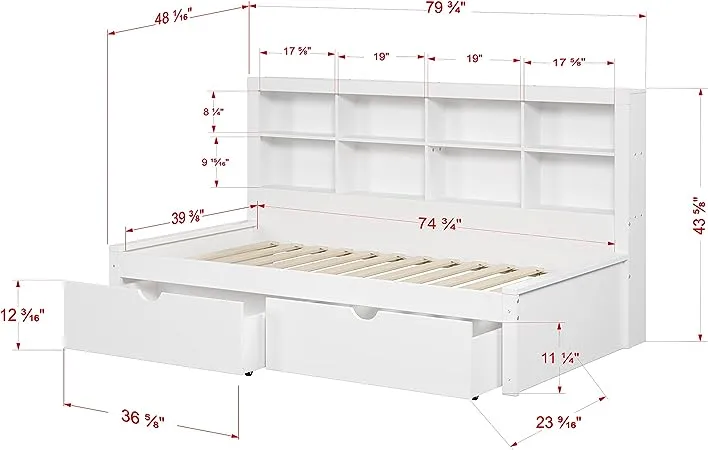 Donco Kids Twin Bookcase Daybed with Drawers White