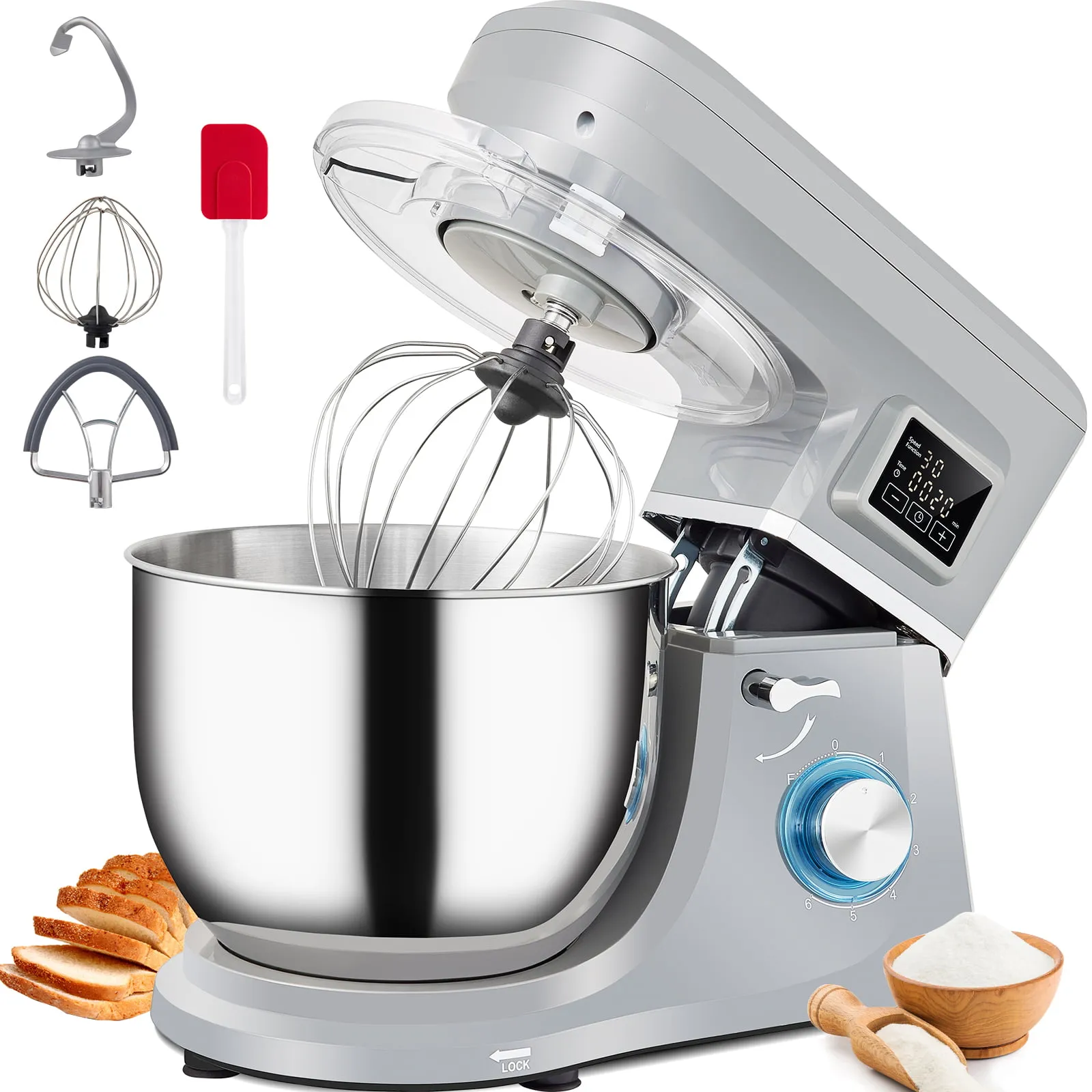 VEVOR Stand Mixer 660W Electric Dough Mixer 6 Speeds LCD Screen Timing 7.4 qt Stainless Steel Bowl Gray