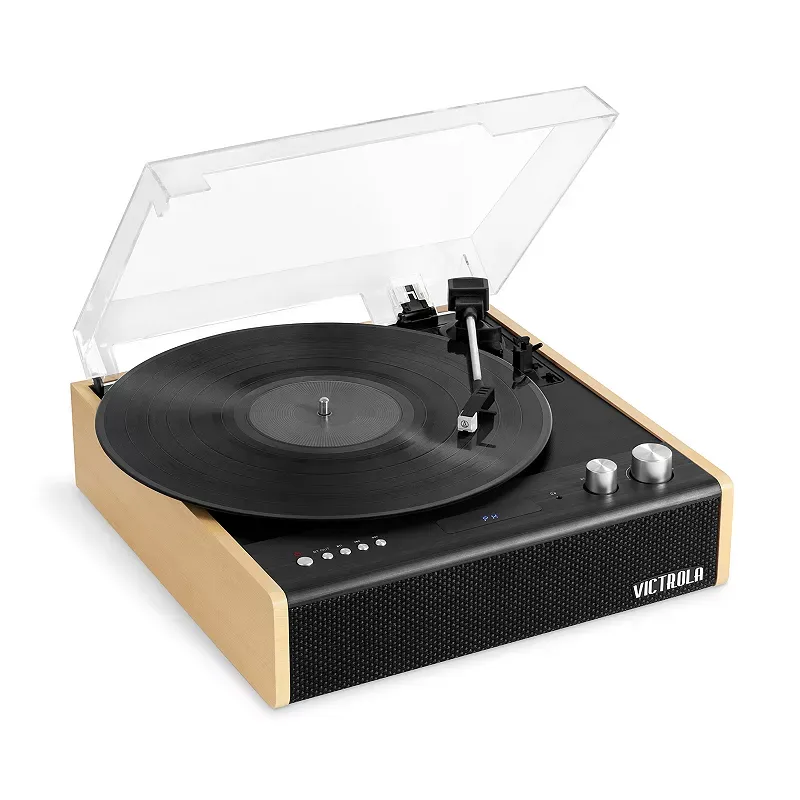 Victrola Eastwood 3-Speed Bluetooth Turntable with Built-in Speakers and Dust Cover | Upgraded Turntable Audio Sound | Black (VTA-72-BAM) & Victrola Wooden Stand for Wooden Music Centers