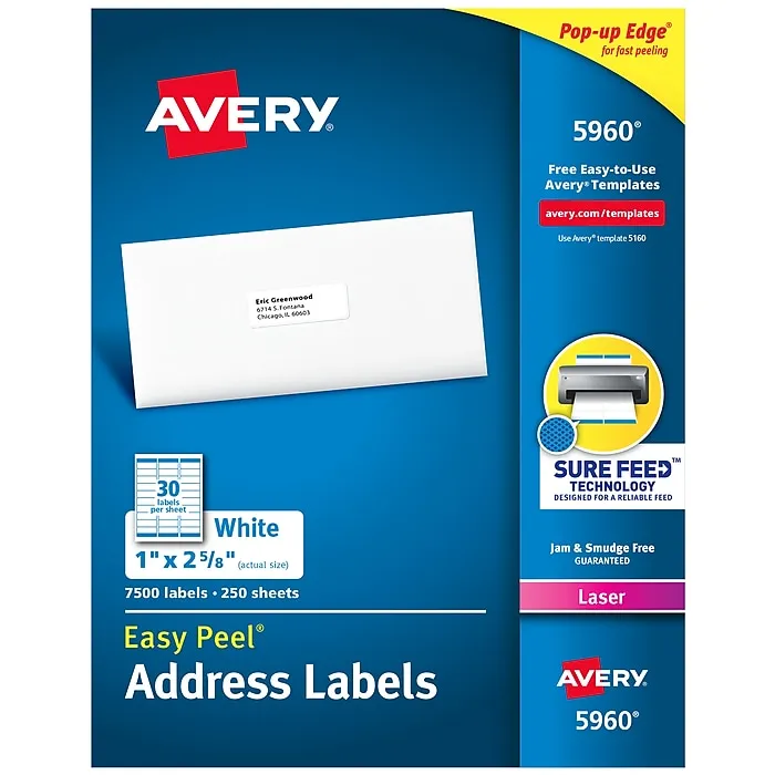 Avery Easy Peel Address Labels, Sure Feed Technology, Permanent Adhesive, 1" x 2-5/8", 7,500 Labels (5960)