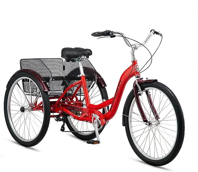 Schwinn Meridian 成人三轮自行车，三轮海滩巡洋舰，24 和 26 英寸车轮，低步入式铝制车架，可调节车把，大型巡洋舰座椅，后折叠篮