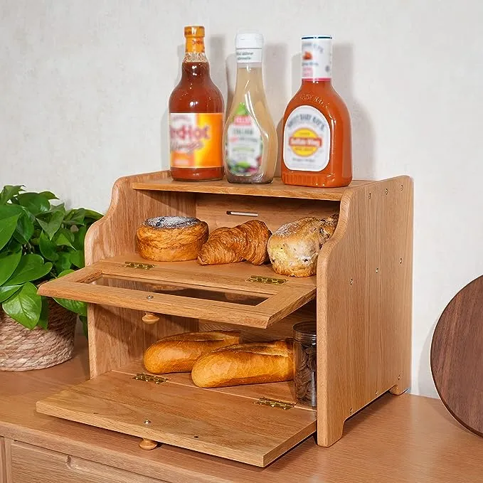 CONSDAN Bread Box, Solid Wood Oak Bread Box with Clear Window, Double Layer Bread Box for Bread Storage, Large Capacity Breadbox for Kitchen Countertop, Nature