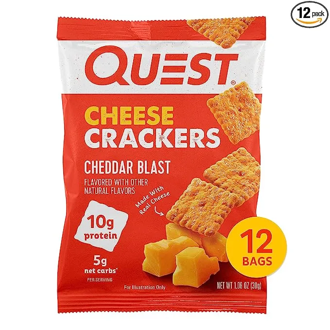 Quest Nutrition Cheese Crackers, Cheddar Blast, High Protein, Low Carb, Made with Real Cheese, 12 Count (1.06 oz bags)