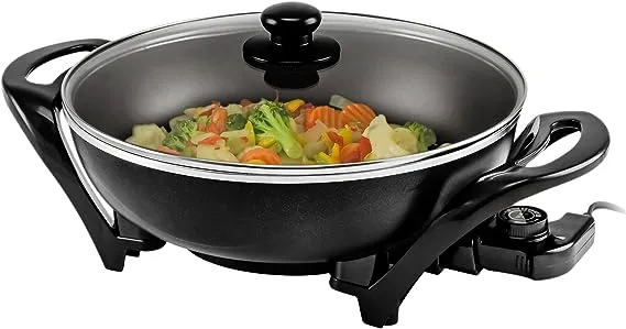 OVENTE Electric Skillet and Frying Pan, 12 Inch Round Cooker with Nonstick Coating, 1400W Power, Adjustable Temperature Control, Tempered Glass Lid with Vent and Cool Touch Handles, Black SK11112B