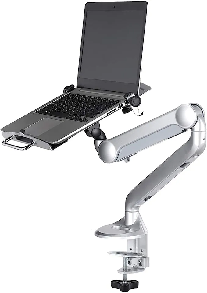 Aluminum 2 in 1 Function Monitor Arm Laptop Mount, Height Adjustable Laptop Desk Mount Stand with Single Gas Spring Arm for 11-15.6 inch Notebook and up to 32 inch LCD Computer Screen - Silver