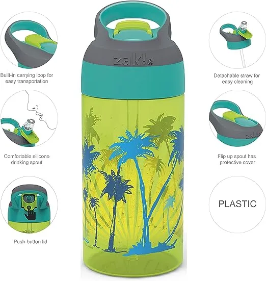 Zak Designs 17.5 oz Riverside Bluey Kids Water Bottle with Straw and Built in Carrying Loop Made of Durable Plastic, Leak-Proof Design for Travel, 2pk