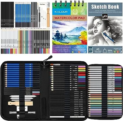 KALOUR 76pc Art Supply Set - Sketching & Drawing Kit with Tutorial Book, Sketchbook & Paper - Pencils, Pastels, Watercolors for Beginner Artists