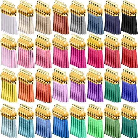 SIQUK 160 Pieces Keychain Tassels Leather Tassel Jewelry Making Tassel Pendants Gold Tassel Charm for Keychain DIY Craft Supplies, 32 Colors (Gold Cap)