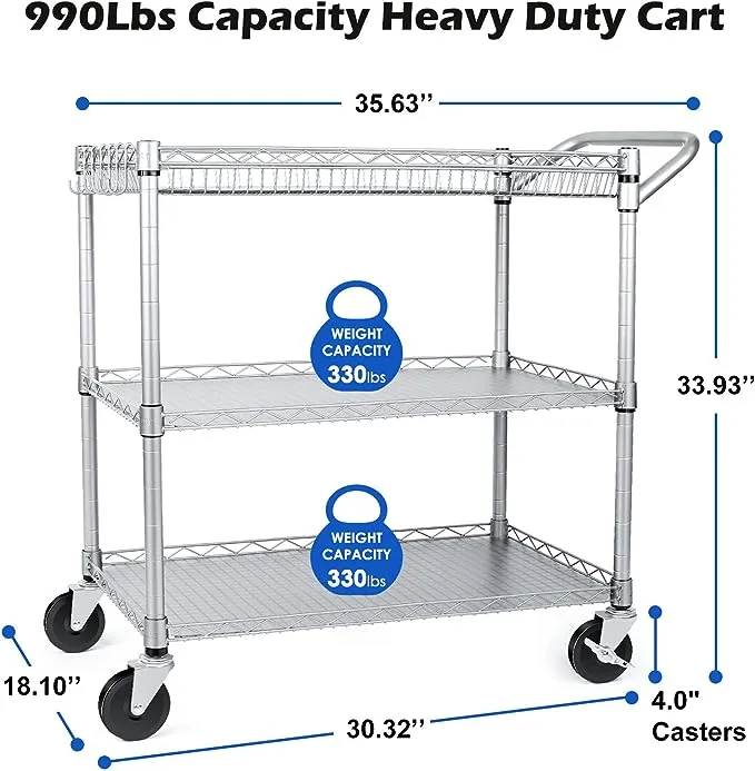 WDT 990Lbs Capacity Heavy Duty Rolling Utility Cart, NSF Rolling Carts with Wheels,Commercial Grade Metal Cart with Handle Bar & Shelf Liner,Trolley Serving Cart for Restaurant,Kitchen,Gray