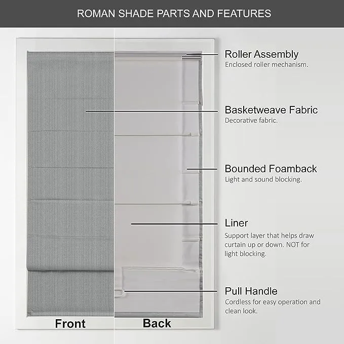 Madison Park Galen Cordless Roman Shades - Fabric Privacy Single Panel Darkening, Energy Efficient, Thermal Insulated Window Blind Treatment, for Bedroom, Living Room Decor, 27" x 64", Grey