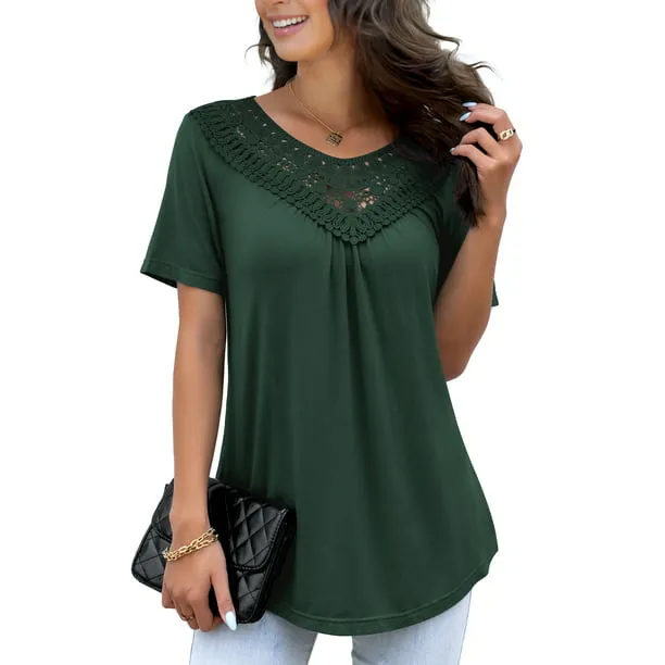 FOLUNSI Women's Plus Size Summer Tops Short Sleeve Lace Pleated Blouses Tunic Tops M-4XL