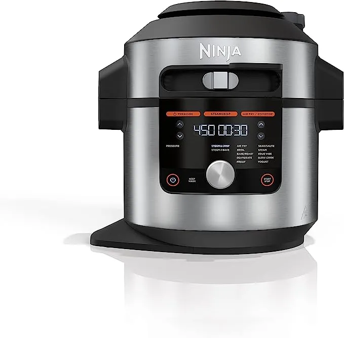 Ninja OL500 Foodi 6.5 Qt. 14-in-1 Pressure Cooker Steam Fryer with SmartLid, that Air Fries, Proofs & More, with 2-Layer Capacity, 4.6 Qt. Crisp Plate & 25 Recipes, Silver/Black