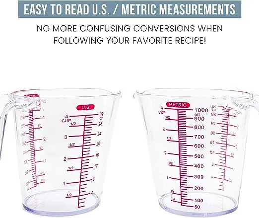 Chef Pomodoro 3-Piece Measuring Cups, Multiple Measurement Scales - includes 1, 2 and 4 Cup with Ml and Oz Measurement, BPA-Free, Plastic Measuring Cup Set, Stackable Nesting, Red Measurements