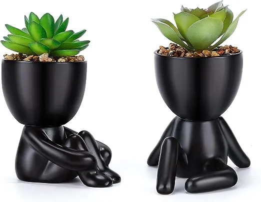 Fake Succulent, Mini Succulents Plants Artificial in Black Modern Human Shaped Ceramic Pots Desk Decor Desk Plant for Office Decor for Women, Cute Fake Plants Bathroom Decor 2PCS