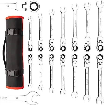 Towallmark 14-Piece Flex-Head Wrench Set, Ratcheting Combination Set, SAE 5/16"-11/16""& Metric 8-16mm, 72-Teeth,Cr-V Steel Ratchet Wrenches Set with Storage Bag for truck/garage projects, etc.