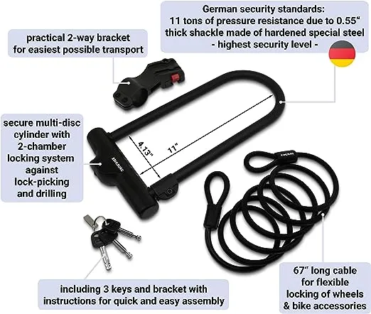 KOHLBURG Security U-Lock with Highest Safety Level 10/10 - High German Security Standard - Large Bicycle U Lock with 67” Cable - Very Secure Bike