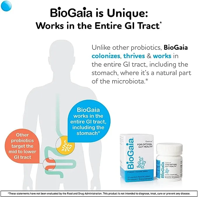 BioGaia Gastrus Chewable Tablets, Adult Probiotic Supplement for Stomach Discomfort, Constipation, Gas, Bloating, Regularity, Non-GMO, 30 Tablets, 1 Pack