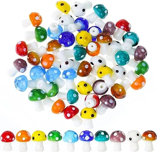 jiebor 50Pcs Mushroom Beads Charms Glass Lampwork Beads Mushroom Ornament for Jewelry Craft Necklace Bracelet Earring Making