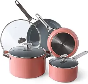 Greater Goods Chef's Grade Ceramic Nonstick Cookware Set - 12 Piece, Pots and Pans Set with Lids, Pink