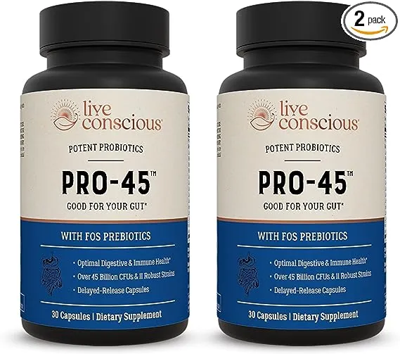 Live Conscious PRO45: Probiotic Formula, 45 Billion CFU, 11 Comprehensive strains. Dairy Free. Delayed Release Veggie caps. Promotes Immune and Digestive Health. 60 Capsules (2-Pack)Live Conscious PRO45: Probiotic Formula, 45 Billion CFU, 11 Comprehensiv