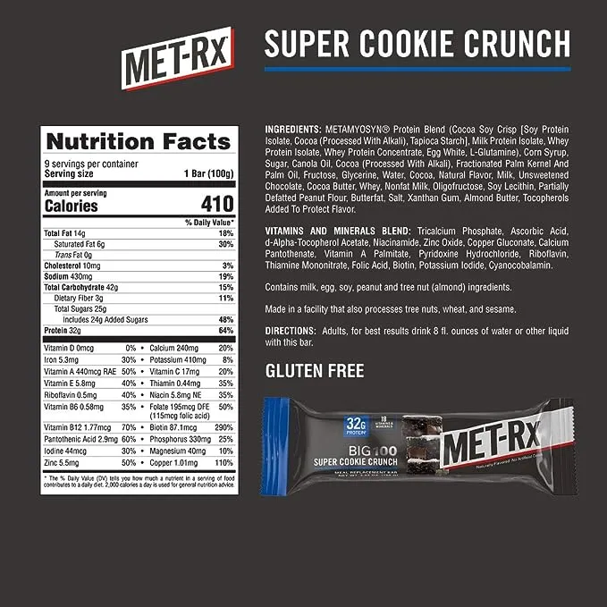 Met Rx Big 100 Meal Replacement Bar, Super Cookie Crunch - 9 pack, 3.52 oz bars