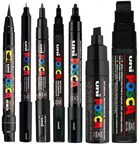 Uni POSCA Mixed Marker Pack - 7 Paint Markers In Various Sizes - Brush, 1Mr, 1M, 3M, 5M, 8K, 17K (Black)