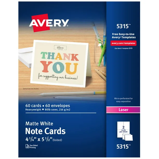 Avery Printable Note Cards with Envelopes, 4.25" x 5.5", White, 60 Blank Note Cards for Laser Printers (5315)