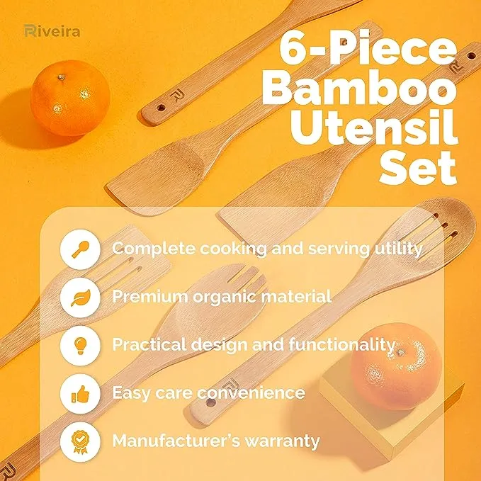 Riveira Wooden Spoons For Cooking 6-piece Bamboo Utensil Set Apartment