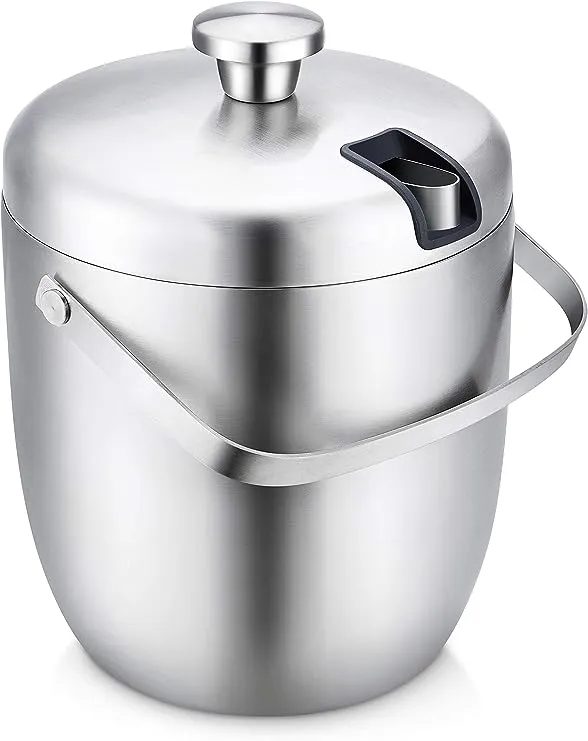 Elitra Home Stainless Steel Ice Bucket & Wine Chiller with Tongs & Lid - Double Wall Insulated 3 Liter - Silver