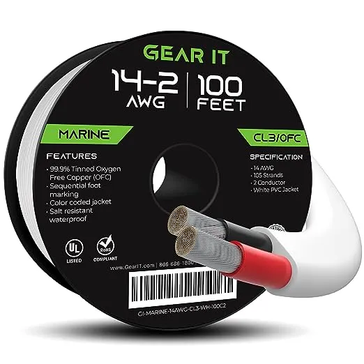 GearIT 14/2 Marine Wire (100 Feet) 14AWG Gauge - Tinned OFC Copper/Marine Grade Speaker Cable/Duplex / 2 Conductors - OFC Oxygen-Free Copper, White