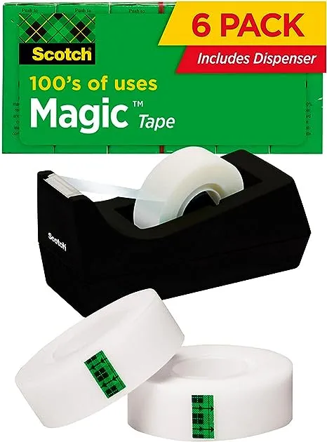 Scotch Magic Tape, Clear, 3/4" x 1000", 6 Rolls with Dispenser