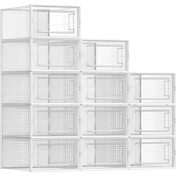 SONGMICS Shoe Boxes, Pack of 12 Shoe Storage Organizers, Stackable Clear Plastic Boxes for Closet, Sneakers, 9.1 x 13.1 x 5.6 Inches, Fit up to US Size 11, Transparent and Black ULSP006B12