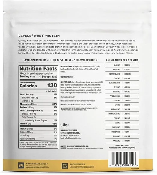 Levels Grass Fed 100% Whey Protein, No Hormones, Vanilla Bean, 1LB