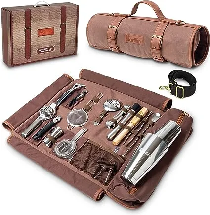 Barillio Bartender Bag Travel Bartender Kit Bag with Bar Tools | Professional 17-Piece, with Portable Waxed Canvas Bag Including Shoulder Strap for Easy Carry | Travel Cocktail Set……