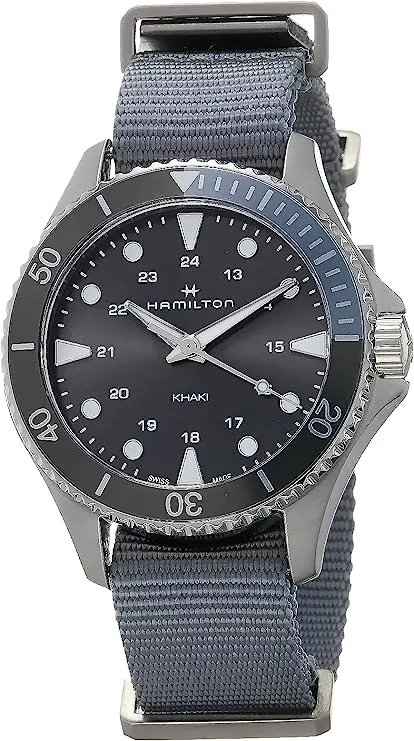 Hamilton Watch Khaki Navy Scuba Quartz Watch for Men | Swiss Made | 37 mm Grey Dial | Stainless Steel Case | Waterproof Wristwatch with Grey Textile NATO Band (Model: H82211981)