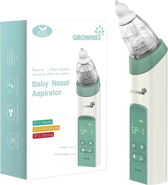 GROWNSY Nasal Aspirator for Baby, Baby Nose Sucker Pro with 3 Soft Silicone Tips, Adjustable Suction, Electric Nose Suction for Baby, Built-in Music & Light Soothing