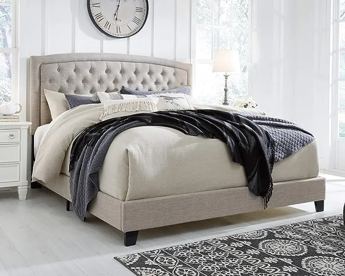 Signature Design by Ashley Jerary Farmhouse Button-Tufted Upholstered Platform Bed, Queen, Light Gray