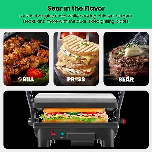 Chefman Electric Panini Press Grill and Gourmet Sandwich Maker w/ Non-Stick Coated Plates, Opens 180 Degrees to Fit Any Type or Size Food, Dishwasher Safe Removable Drip Tray, Stainless Steel/Black