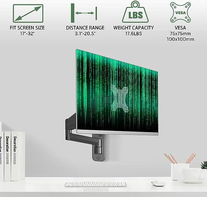 UPGRAVITY Monitor Wall Mount, Single Monitor Wall Arm for 17-32 inch Flat/Curved Computer Screens, Height Adjustable Gas Spring Wall Monitor Stand