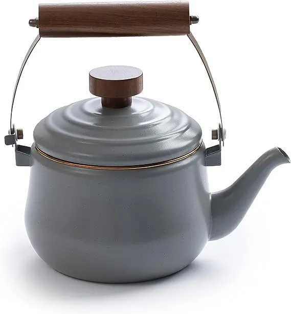 Barebones Enamel Teapot - Vintage Inspired Design - Baked Stainless Steel Rim - FSC Certified Natural Walnut Handle Tea Kettle - 1.5 Liters, 6 Cups (Slate Gray)