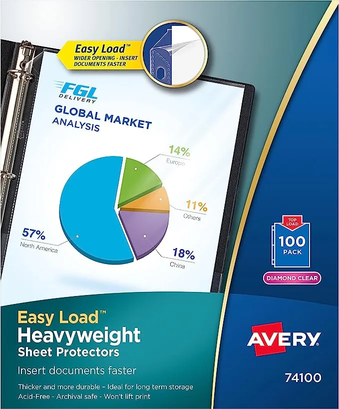 Avery Easy Load Heavyweight Sheet Protectors, 8.5" x 11", Diamond Clear, Acid-Free, 100/Box (74100)