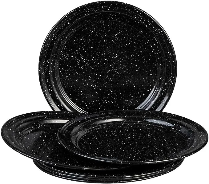 Cinsa 6-Piece 10 inch Enameled steel Plate Set (Speckled Black) Indoor/outdoor use, reusable, oven and fire-safe