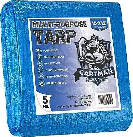 CARTMAN Finished Size 10x12 Feet Blue Poly Tarp 5 Mil Thick, Multipurpose Protective Cover for Camping, Tent, Boat, RV, Car