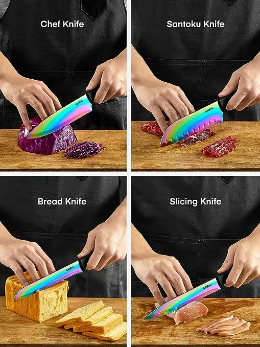 Knife Set, 16 Pieces High Carbon Stainless Steel Rainbow Color Kitchen Knife Set, Titanium Coating Blade, No Rust and Super Sharp Cutlery Knife Set with Acrylic Stand and Kitchen Scissors, Gift