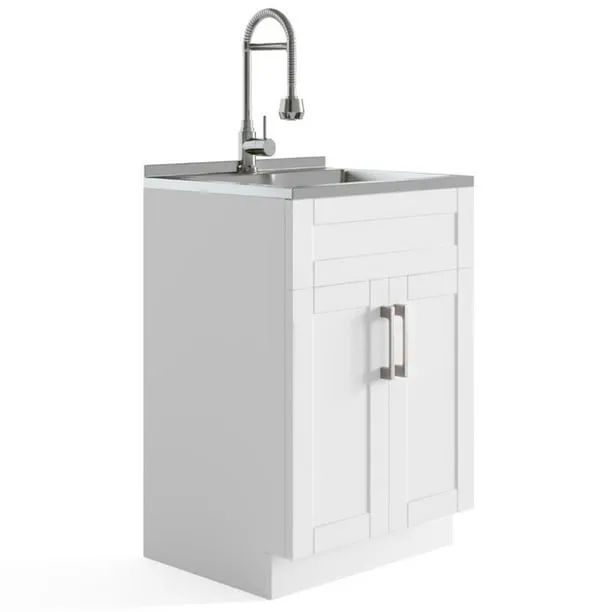 SIMPLIHOME Kyle Transitional 24 Inch Laundry Cabinet with Faucet and Stainless Steel Sink in White, For the Laundry Room and Utility Room