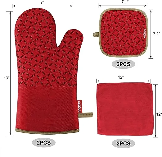 KEGOUU Oven Mitts and Pot Holders 6pcs Set, Kitchen Oven Glove High Heat Resistant 500 Degree Extra Long Oven Mitts and Potholder with Non-Slip Silicone Surface for Cooking (Red)