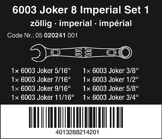 Wera 05020241001 6003 Joker 8 Imperial Set 1 Combination Wrench Set, Imperial, 8 PiecesWera 05020241001 6003 Joker 8 Imperial Set 1 Combination Wrench Set, Imperial, 8 Pieces