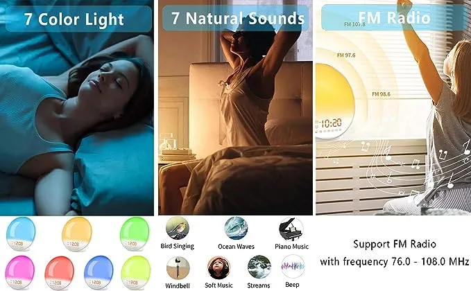 JALL Wake Up Light Sunrise Alarm Clock for Kids, Heavy Sleepers, Bedroom, with Sunrise/Sunset Simulation, Fall Asleep, Dual Alarms, FM Radio, Colorful Nihgt Lights, Natural Sounds, Wood Grain