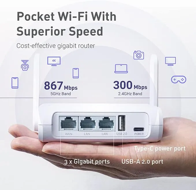 GL.iNet GL-SFT1200 (Opal) Secure Travel WiFi Router – AC1200 Dual Band Gigabit Ethernet Wireless Internet Router | IPv6 | USB 2.0 | MU-MIMO | DDR3 |128MB Ram | Repeater Bridge | Access Point Mode